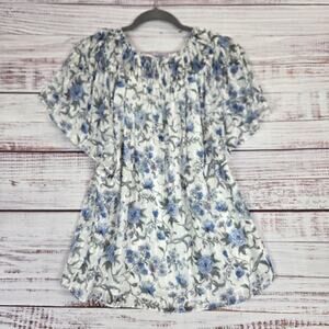 Rebecca Taylor Floral Silk Cotton Blouse 8 White Blue Sheer Pleated Lined Top
